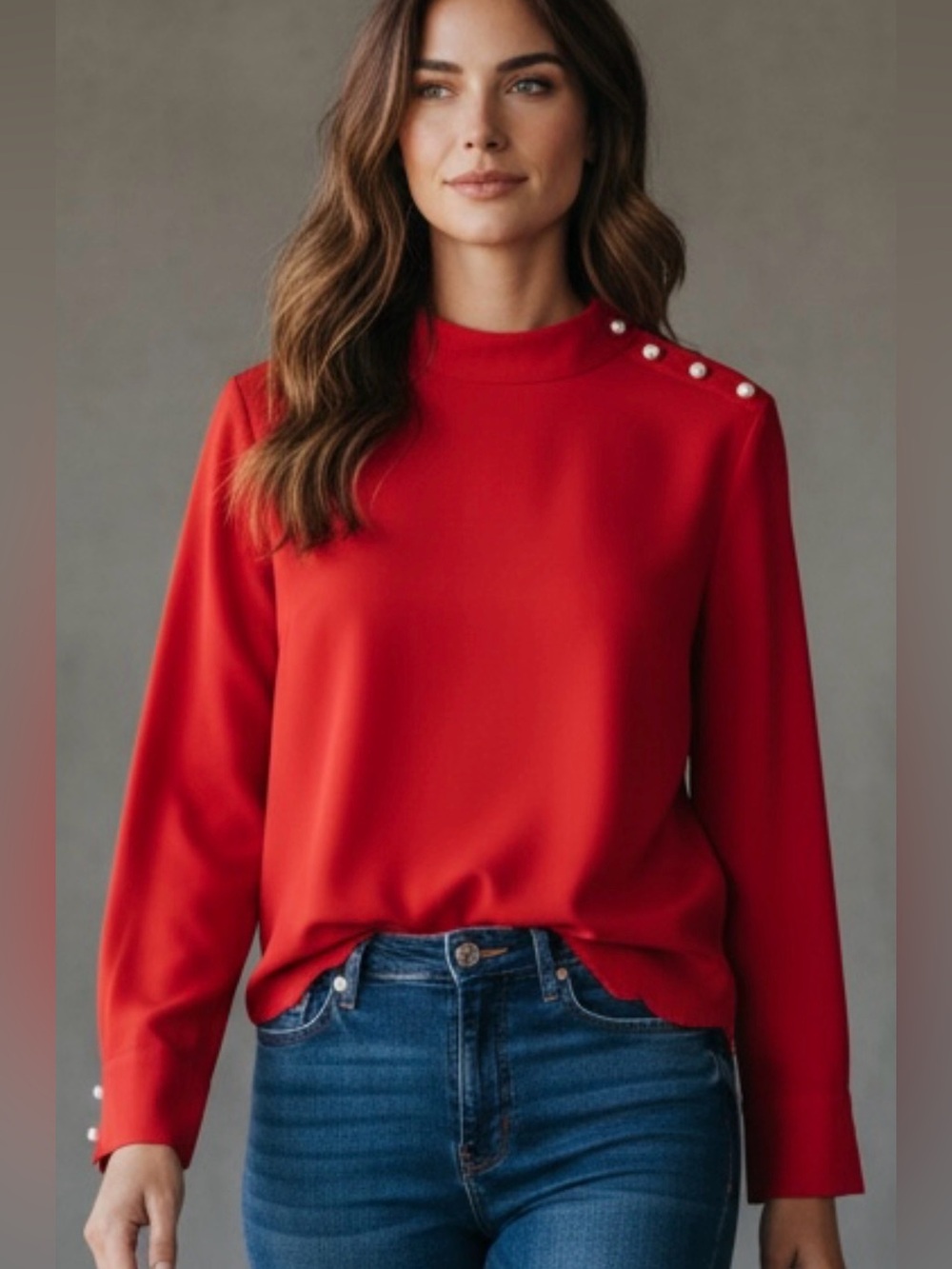 Zara Red Mock-Neck Blouse with Pearl Shoulder Buttons
